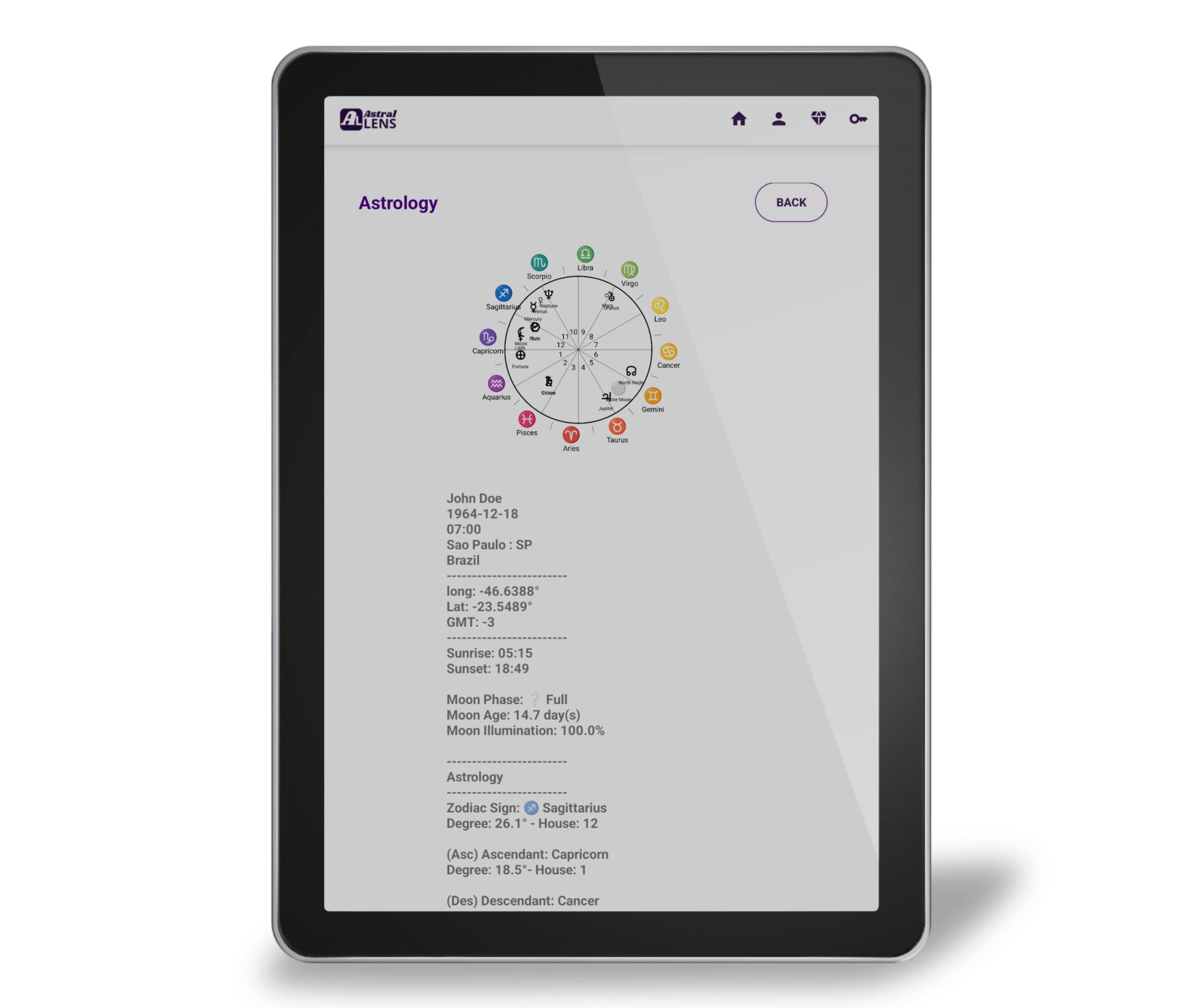 Tablet showing the Astral Lens Android app