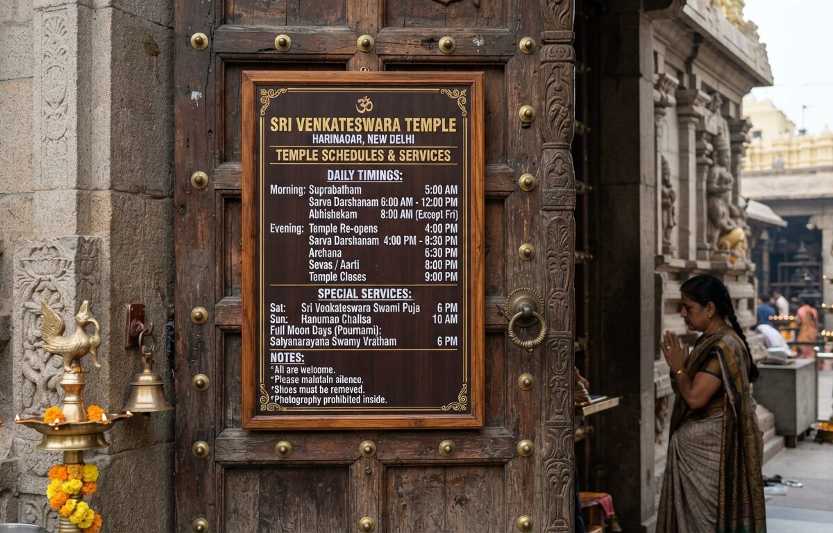 Informational sign on temple door