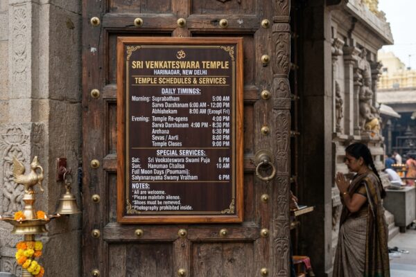 Informational sign on temple door